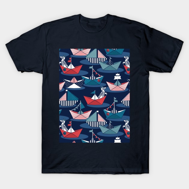 Origami dog day at the lake // pattern // navy blue background red teal and blue origami sail boats with cute Dalmatian T-Shirt by SelmaCardoso